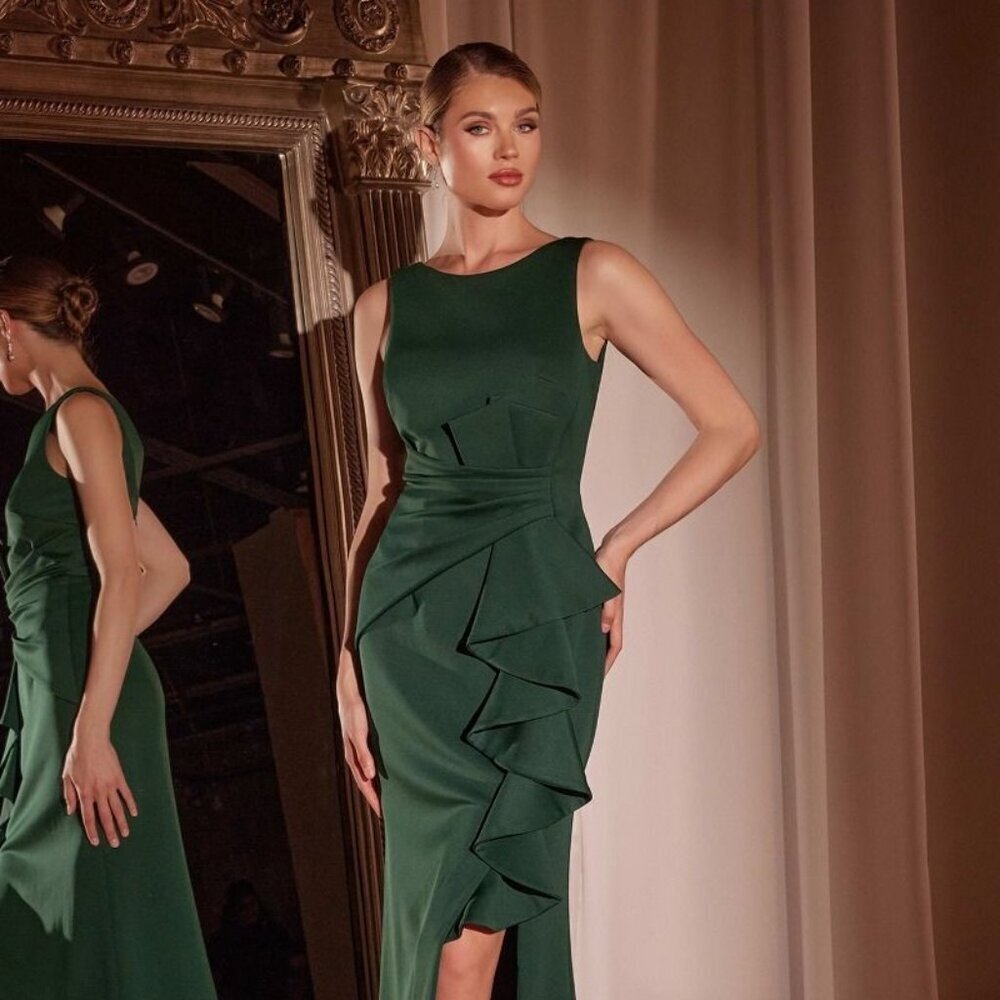 NEW FORMAL SLEEVELESS SHEATH SOLID DRESS W/ BOAT NECK & RUFFLE DETAILS CD CH377